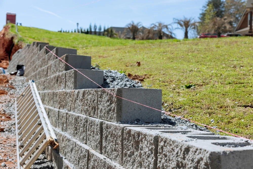 Chantier de construction en ext&eacute;rieur avec ouvrier appliquant mortier entre blocs de b&eacute;ton cellulaire pour &eacute;dification d'un mur